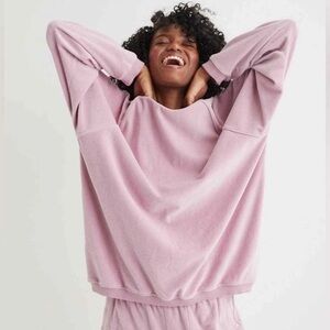 Aerie Real Obsessed Velour Crew Neck Sweatshirt Garden Party Pink Oversized